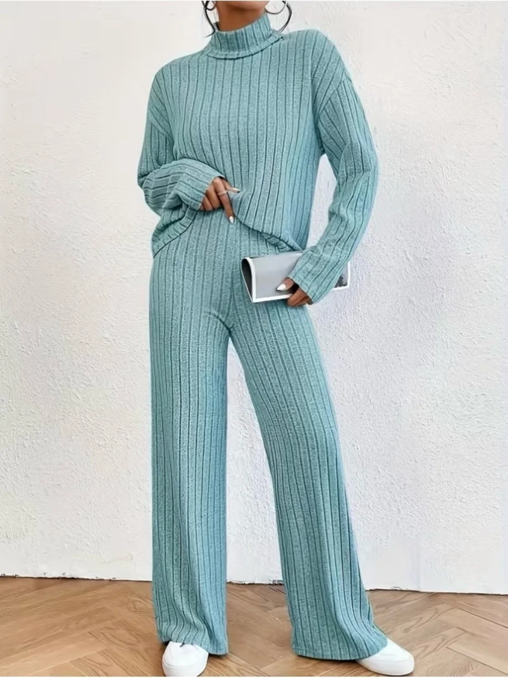 Ribbed Wide-Leg Knit Pants in Light Teal Size S New! - Picture 1 of 9